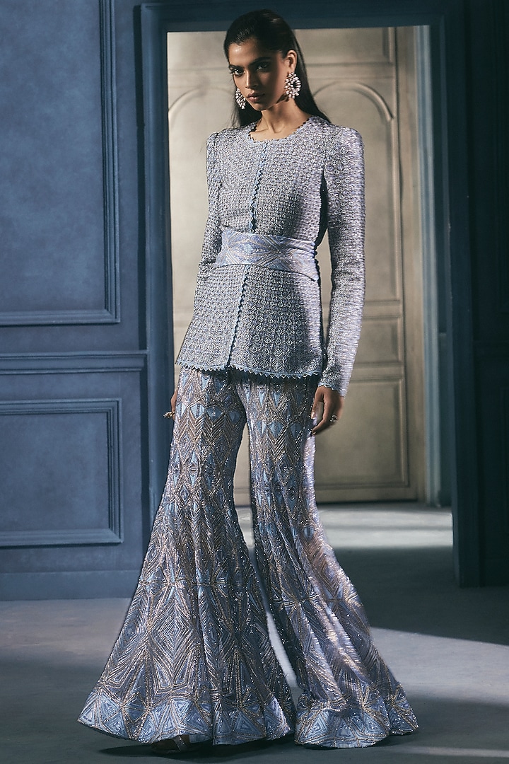 Ice Blue & Gold Crepe Crystal Embroidered Bridal Sharara Set by Ritika Mirchandani at Pernia's Pop Up Shop