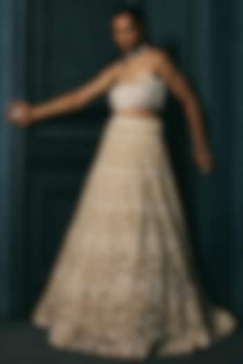 Ivory & Gold Crepe Crystal Embroidered Bridal Lehenga Set by Ritika Mirchandani at Pernia's Pop Up Shop
