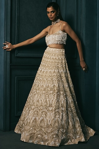 Ivory & Gold Crepe Crystal Embroidered Lehenga Set by Ritika Mirchandani