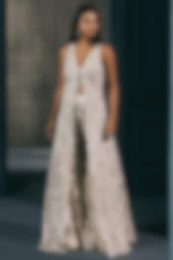 Ivory & Gold Crepe Crystal Embroidered Jacket Set by Ritika Mirchandani at Pernia's Pop Up Shop