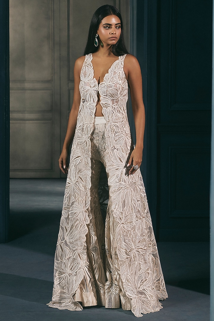 Ivory & Gold Crepe Crystal Embroidered Jacket Set by Ritika Mirchandani at Pernia's Pop Up Shop