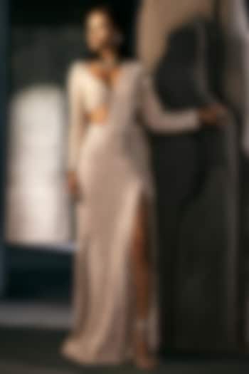 Grey & Silver Crepe Crystal Embroidered Bridal Lehenga Saree Set by Ritika Mirchandani at Pernia's Pop Up Shop