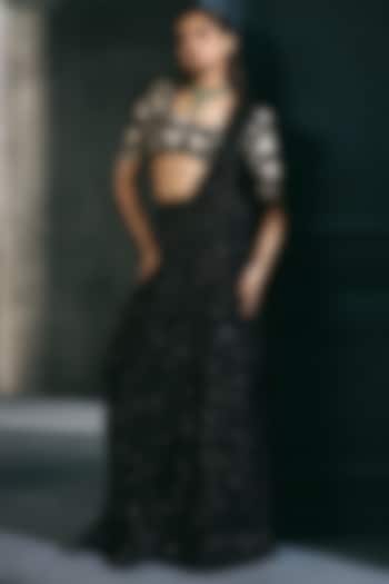 Black Double Georgette Bridal Lehenga Saree Set by Ritika Mirchandani at Pernia's Pop Up Shop
