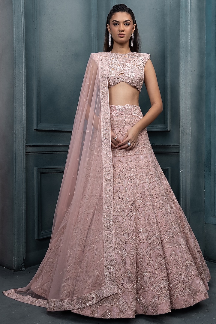 Blush Pink Crepe Crystal Embroidered Bridal Lehenga Set by Ritika Mirchandani at Pernia's Pop Up Shop