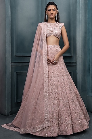 Blush Pink Crepe Crystal Embroidered Lehenga Set by Ritika Mirchandani