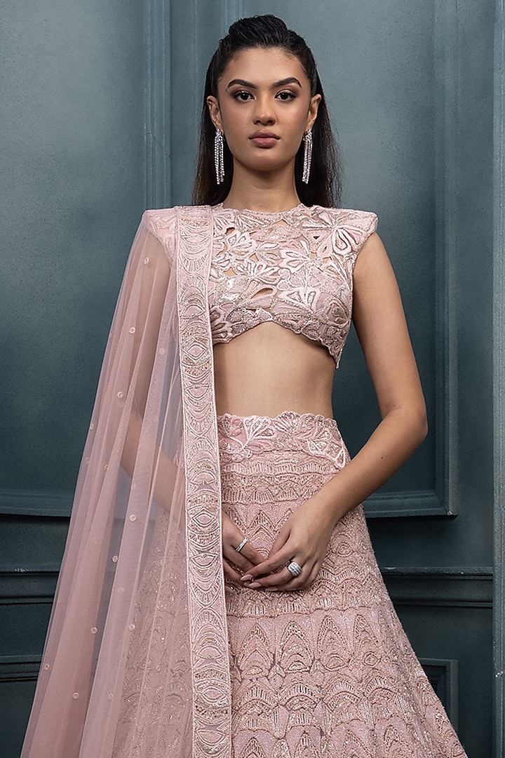 Blush Pink Crepe Crystal Embroidered Bridal Lehenga Set by Ritika Mirchandani at Pernia's Pop Up Shop