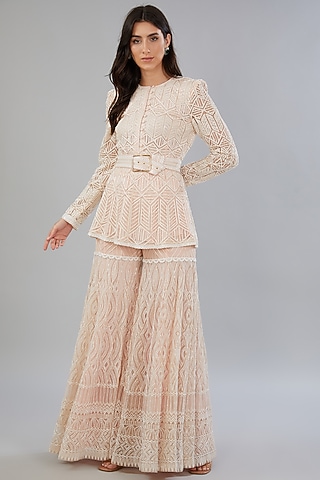 Peach Net & Crepe Hand Embroidered Sharara Set by Ritika Mirchandani