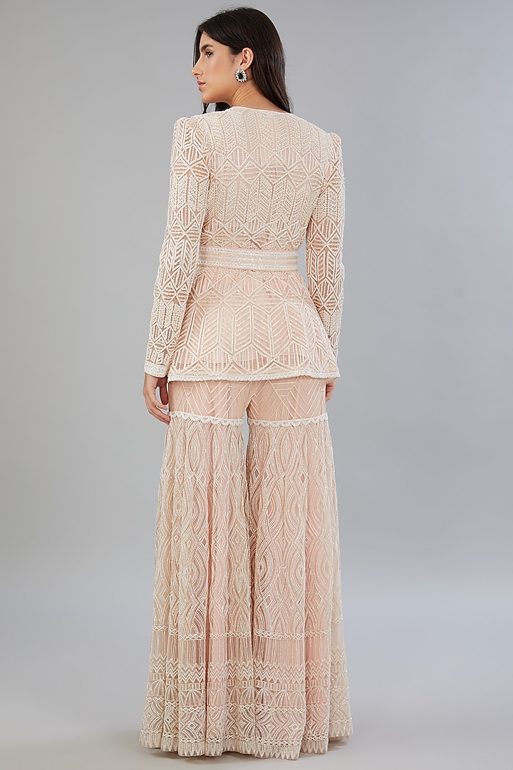 Peach Net & Crepe Hand Embroidered Bridal Sharara Set by Ritika Mirchandani at Pernia's Pop Up Shop