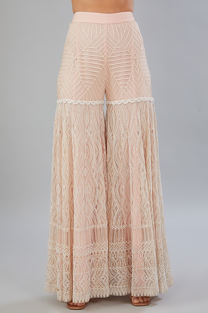 Peach Net & Crepe Hand Embroidered Bridal Sharara Set by Ritika Mirchandani at Pernia's Pop Up Shop