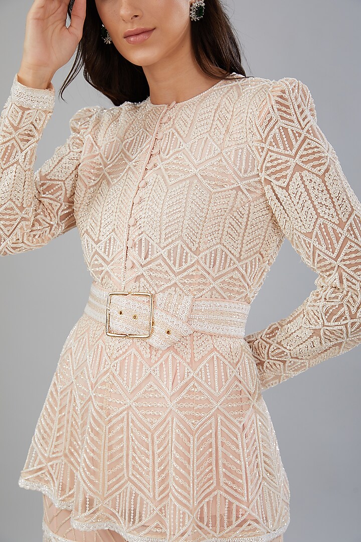 Peach Net & Crepe Hand Embroidered Bridal Sharara Set by Ritika Mirchandani at Pernia's Pop Up Shop