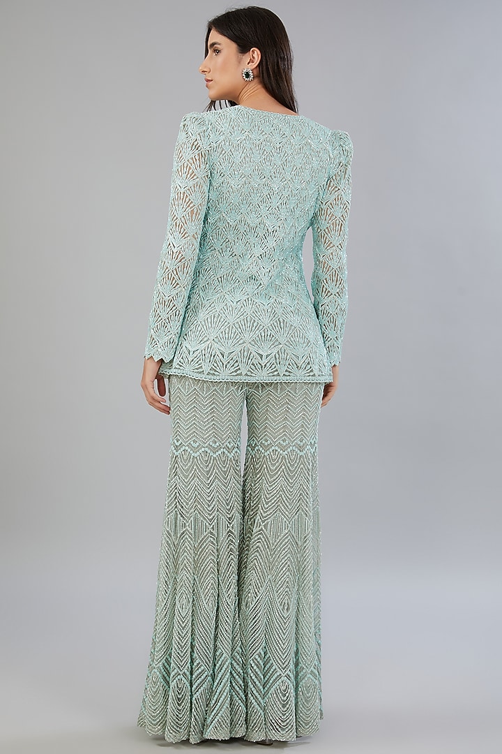 Blue Net & Crepe Hand Embroidered Bridal Sharara Set by Ritika Mirchandani at Pernia's Pop Up Shop