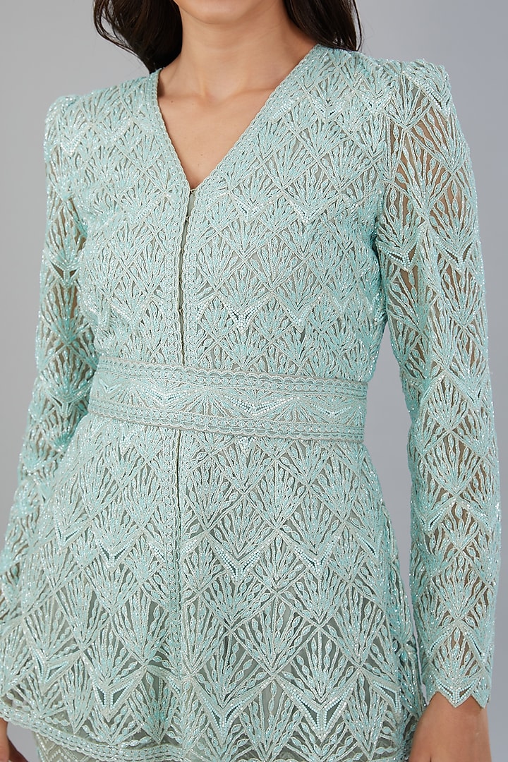 Blue Net & Crepe Hand Embroidered Bridal Sharara Set by Ritika Mirchandani at Pernia's Pop Up Shop