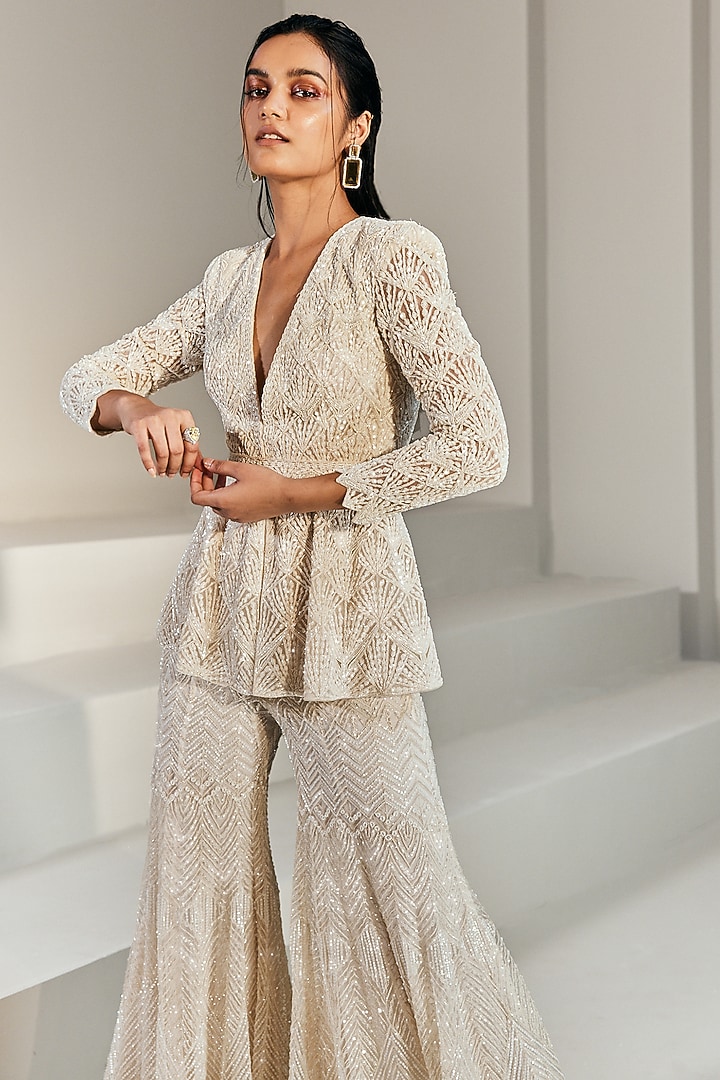 Ivory Embroidered Bridal Sharara Set by Ritika Mirchandani at Pernia's Pop Up Shop