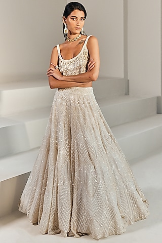 Ivory Crepe Embroidered Lehenga Set by Ritika Mirchandani