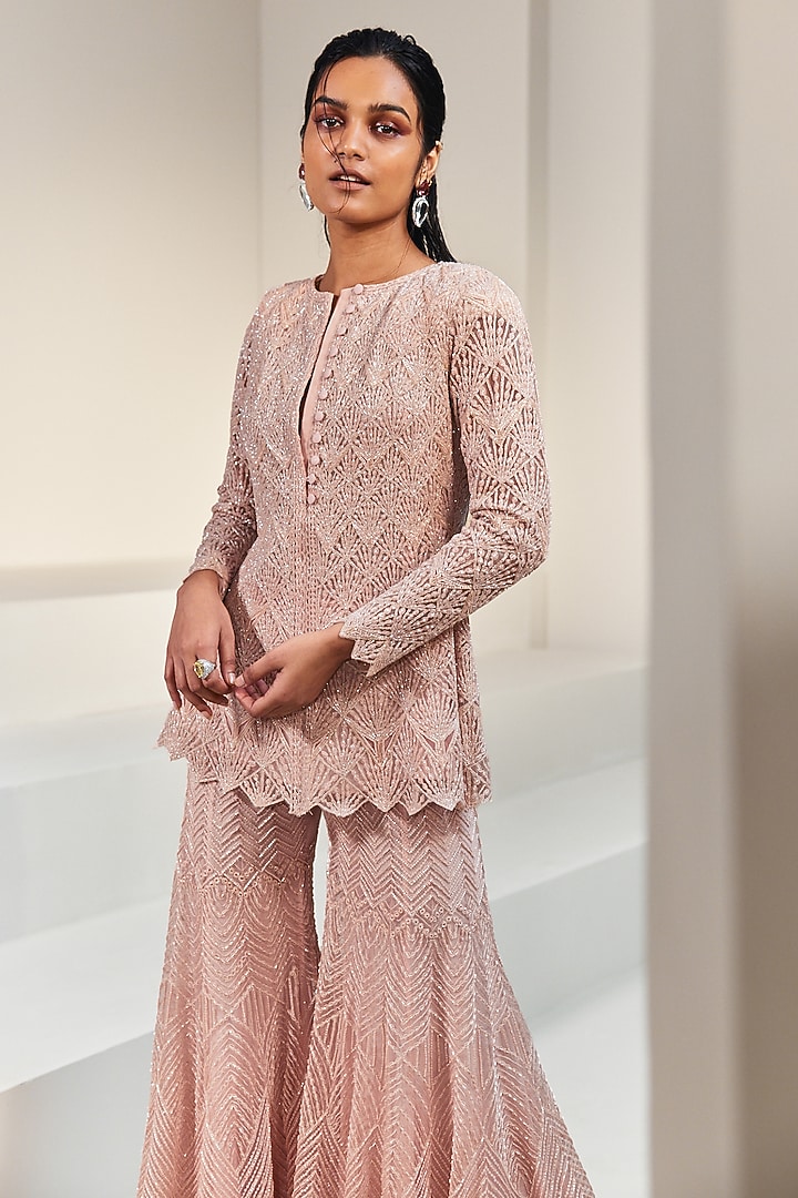 Rose Pink Net & Crepe Bridal Sharara Set by Ritika Mirchandani at Pernia's Pop Up Shop
