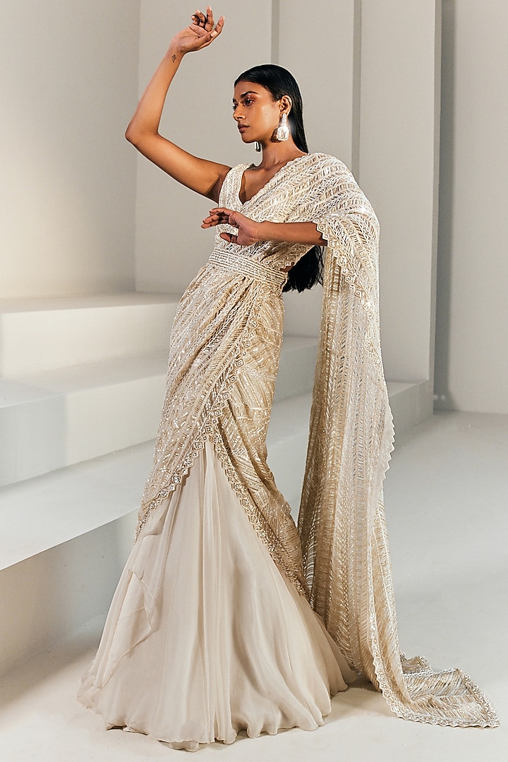 Ivory Organza & Crepe Bridal Lehenga Saree Set With Belt by Ritika Mirchandani at Pernia's Pop Up Shop