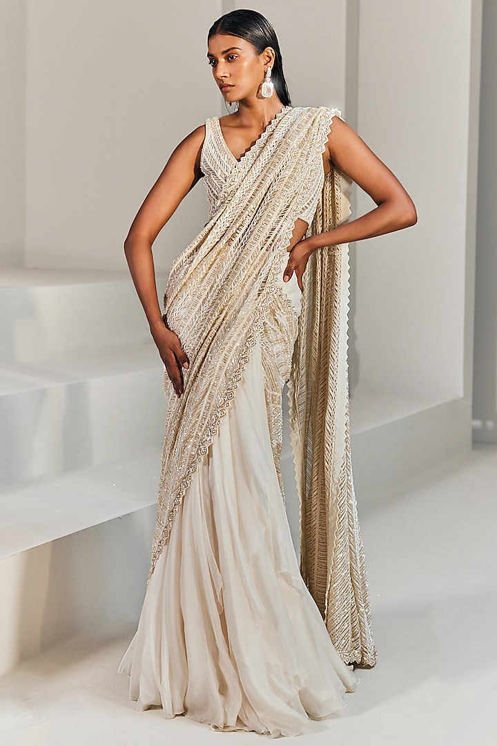 Ivory Organza & Crepe Bridal Lehenga Saree Set With Belt by Ritika Mirchandani at Pernia's Pop Up Shop