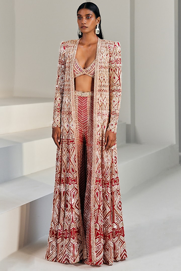 Red & Gold Hand Embroidered Jacket Set by Ritika Mirchandani at Pernia's Pop Up Shop