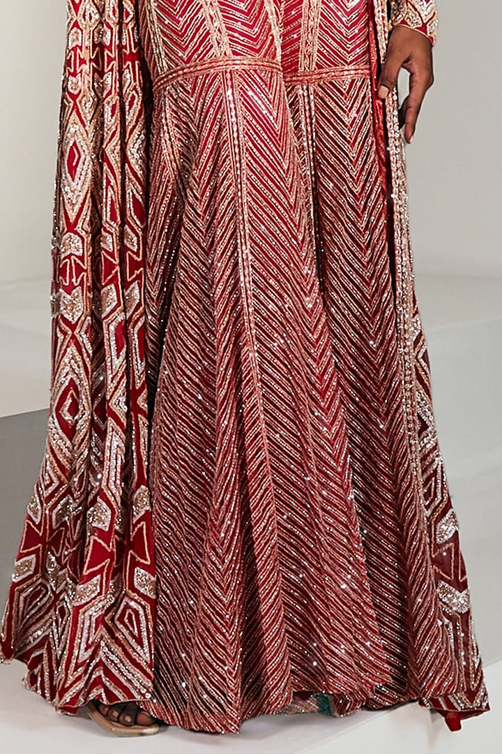 Red & Gold Hand Embroidered Jacket Set by Ritika Mirchandani at Pernia's Pop Up Shop