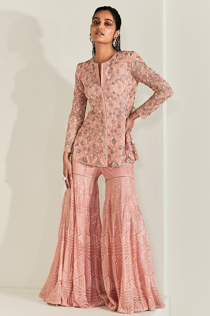 Coral Pink & Gold Crepe Bridal Sharara Set by Ritika Mirchandani at Pernia's Pop Up Shop