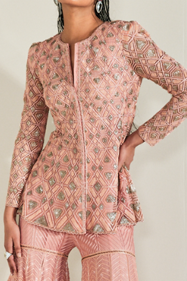Coral Pink & Gold Crepe Bridal Sharara Set by Ritika Mirchandani at Pernia's Pop Up Shop