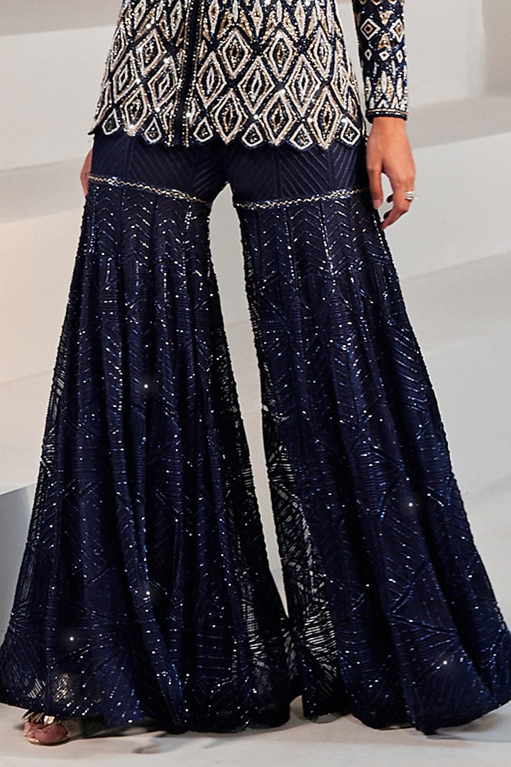 Navy Blue Net & Crepe Bridal Sharara Set by Ritika Mirchandani at Pernia's Pop Up Shop