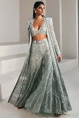 Fresh Green & Gold Hand Embroidered Jacket Set by Ritika Mirchandani