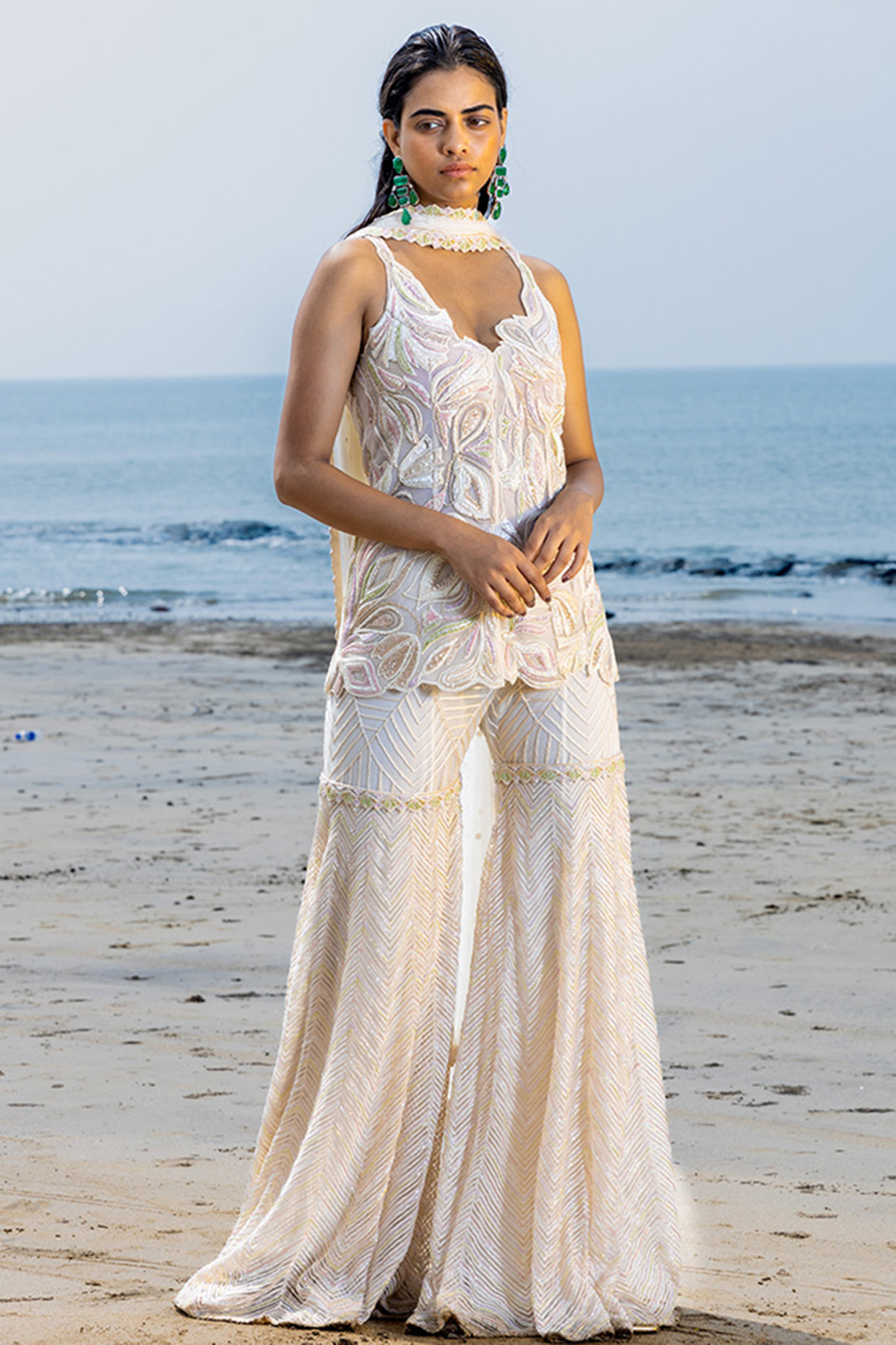 Ivory Double Georgette Sharara Set by Ritika Mirchandani