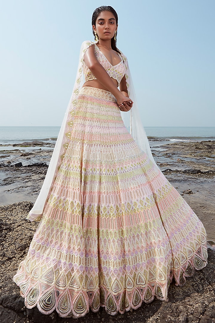 Ivory Georgette Hand Embroidered Bridal Lehenga Set by Ritika Mirchandani at Pernia's Pop Up Shop