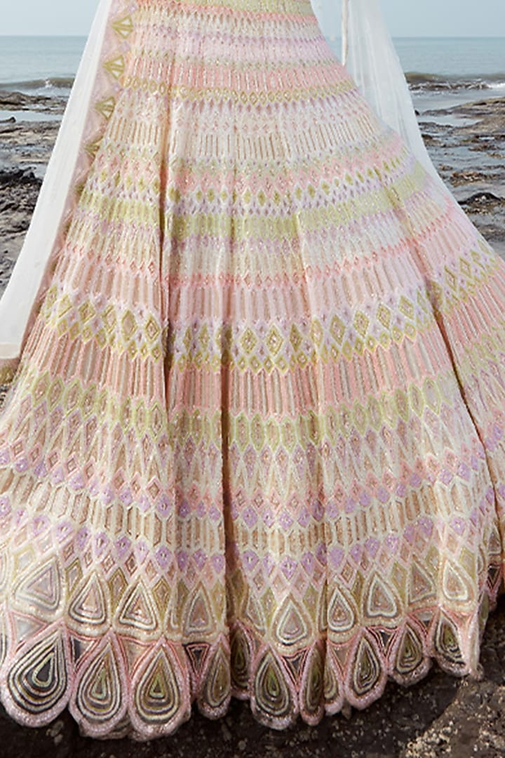 Ivory Georgette Hand Embroidered Bridal Lehenga Set by Ritika Mirchandani at Pernia's Pop Up Shop