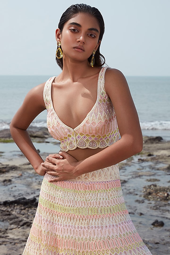 Ivory Georgette Hand Embroidered Bridal Lehenga Set by Ritika Mirchandani at Pernia's Pop Up Shop