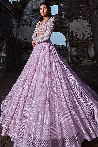 Lavender Hand Embroidered Lehenga Set by Ritika Mirchandani