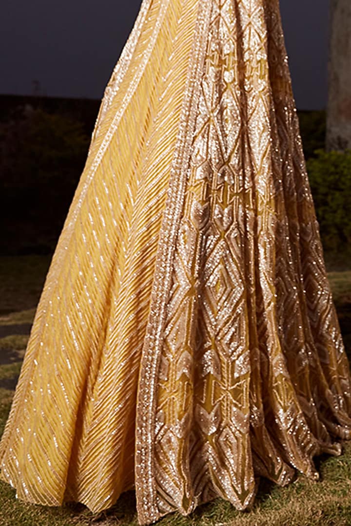 Yellow Crepe Hand Embroidered Jacket Bridal Lehenga Set by Ritika Mirchandani at Pernia's Pop Up Shop