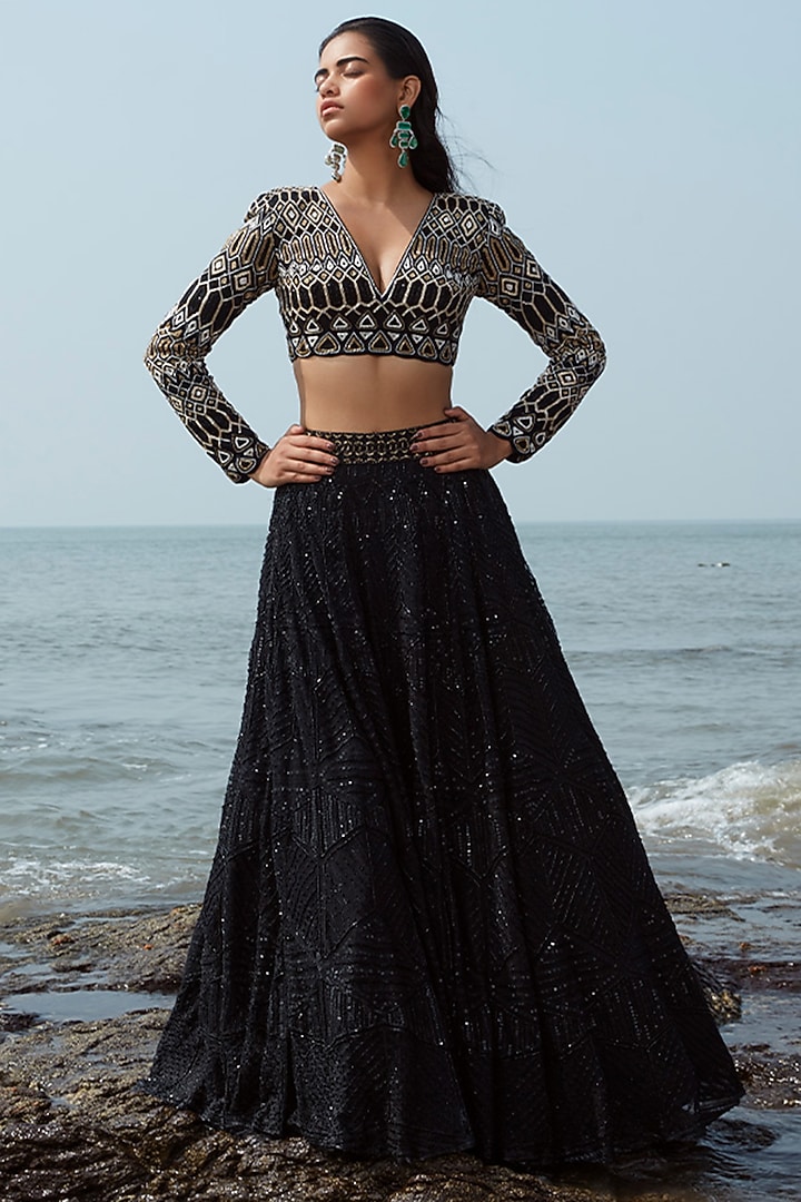Black Hand Embroidered Bridal Lehenga Set by Ritika Mirchandani at Pernia's Pop Up Shop