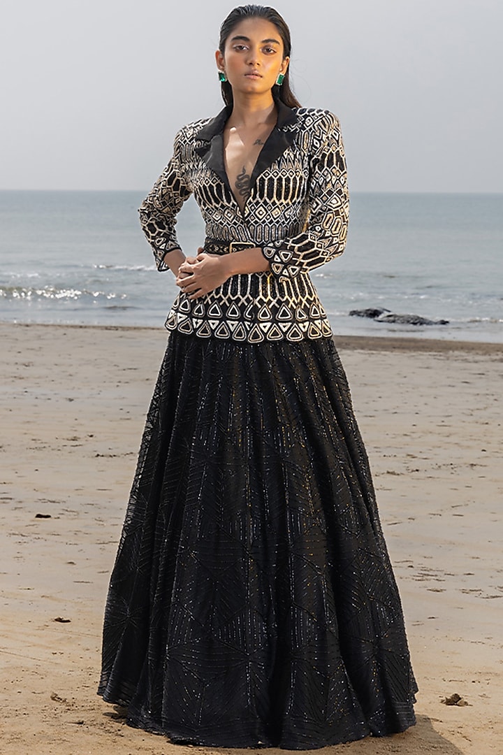 Black Double Georgette Lehenga Set by Ritika Mirchandani