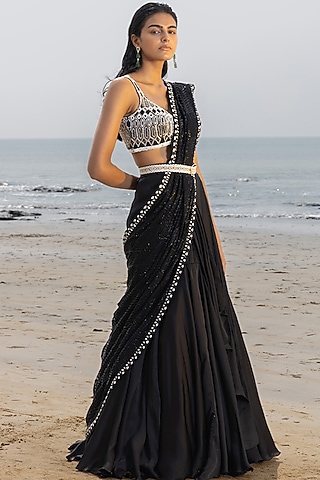 Black Organza Hand Embroidered Lehenga Saree Set by Ritika Mirchandani