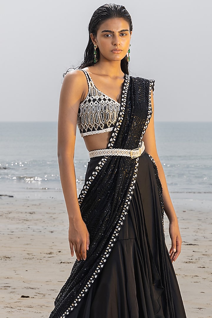 Black Organza Hand Embroidered Bridal Lehenga Saree Set by Ritika Mirchandani at Pernia's Pop Up Shop