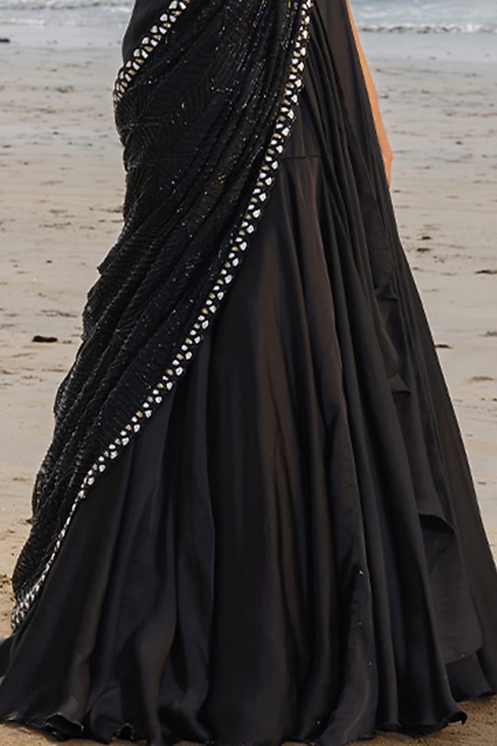 Black Organza Hand Embroidered Bridal Lehenga Saree Set by Ritika Mirchandani at Pernia's Pop Up Shop