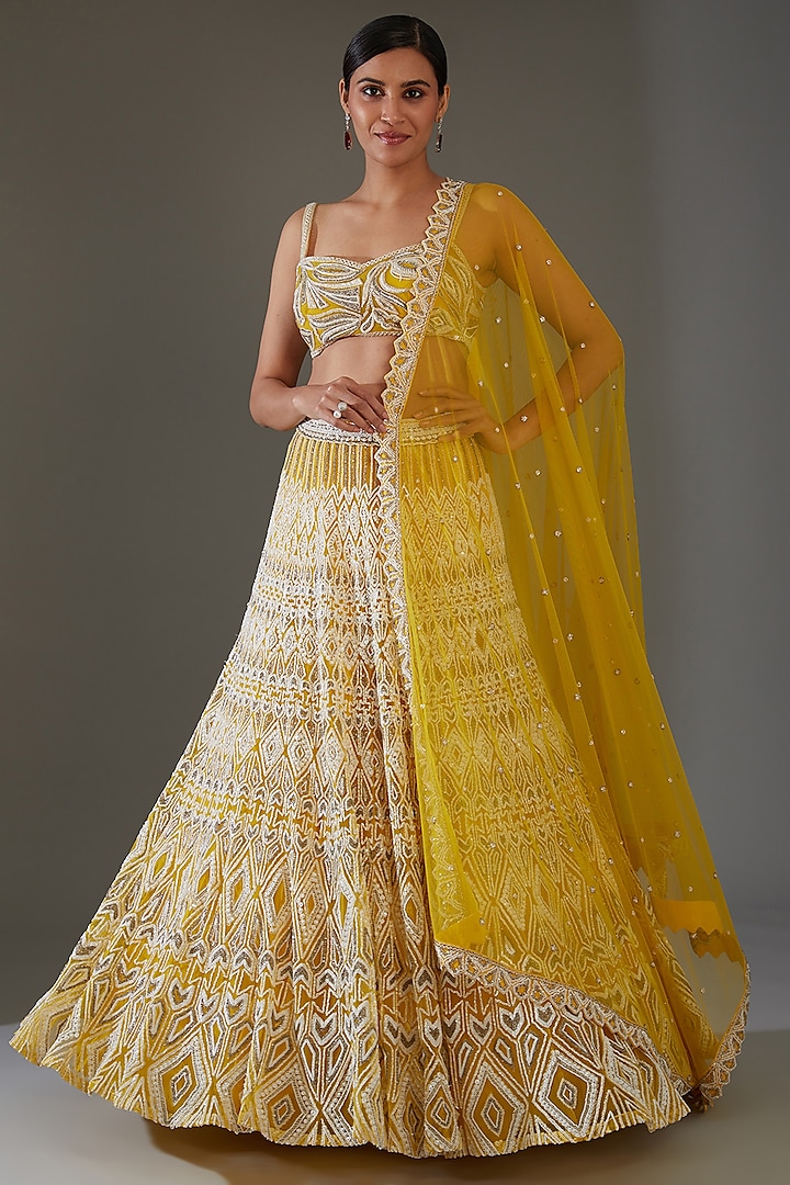 Yellow Net Embroidered Bridal Lehenga Set by Ritika Mirchandani at Pernia's Pop Up Shop