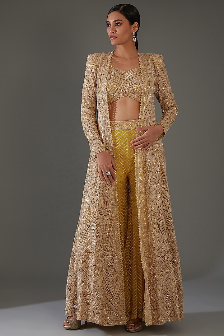 Yellow Net & Georgette Embroidered Jacket Set by Ritika Mirchandani at Pernia's Pop Up Shop