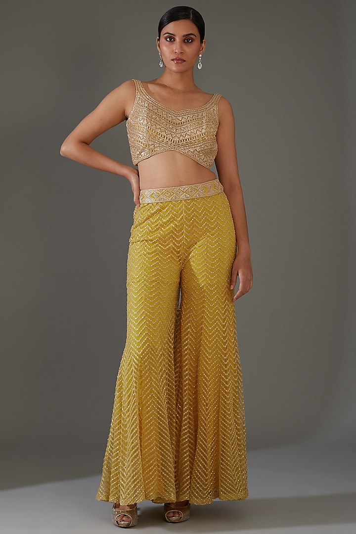 Yellow Net & Georgette Embroidered Jacket Set by Ritika Mirchandani at Pernia's Pop Up Shop
