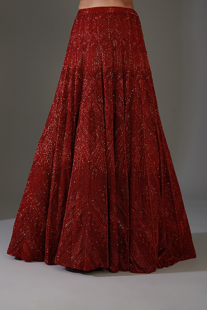 Red Net & Crepe Embroidered Bridal Lehenga Set by Ritika Mirchandani at Pernia's Pop Up Shop