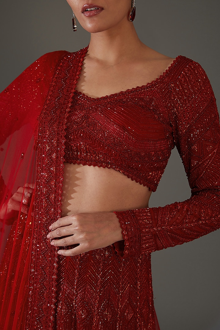 Buy Red Full Sleeve Blouse with Lehengha and Dupatta by Designer RITIKA  MIRCHANDANI Online at
