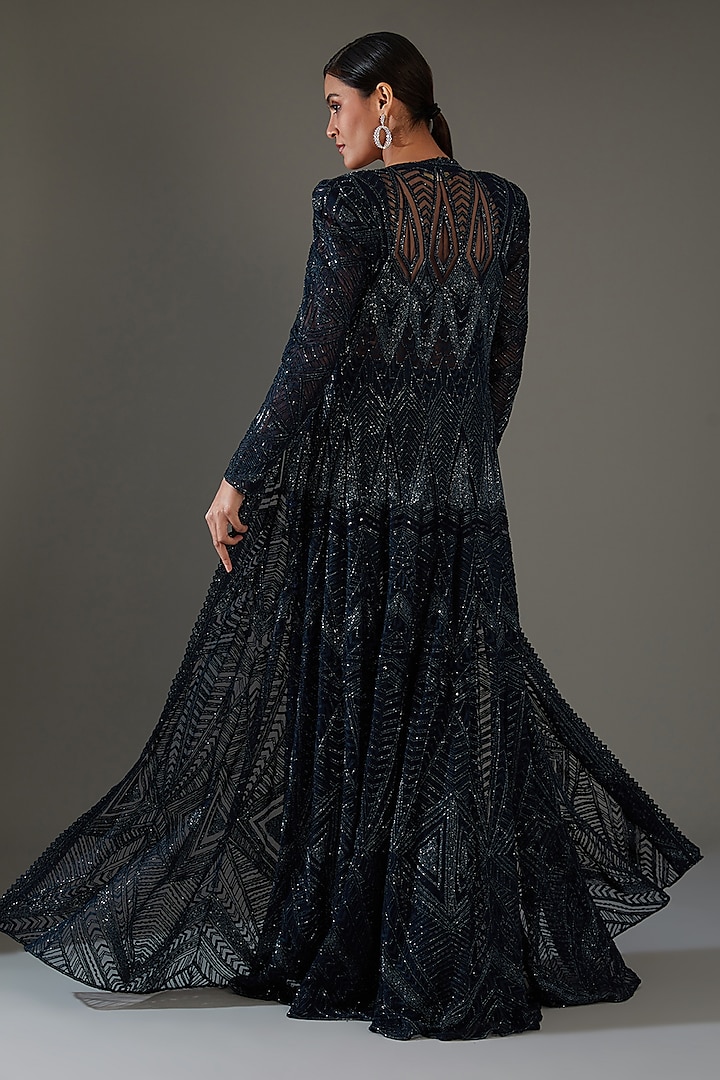 Dark Blue Double Georgette Embroidered Cape Set by Ritika Mirchandani at Pernia's Pop Up Shop
