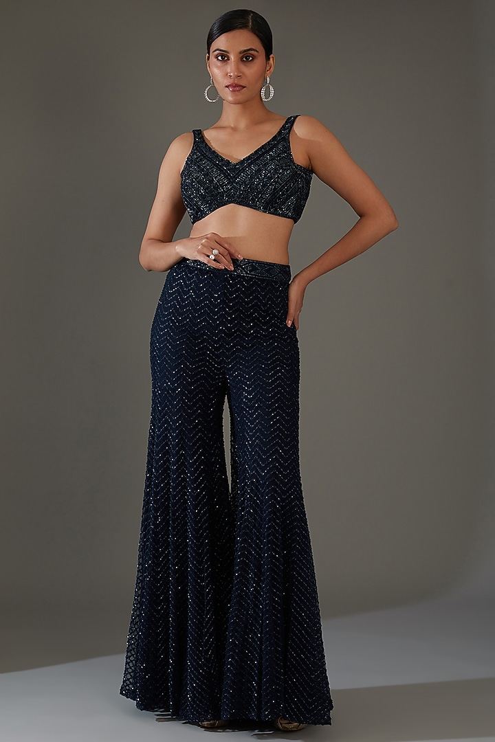 Dark Blue Double Georgette Embroidered Cape Set by Ritika Mirchandani at Pernia's Pop Up Shop