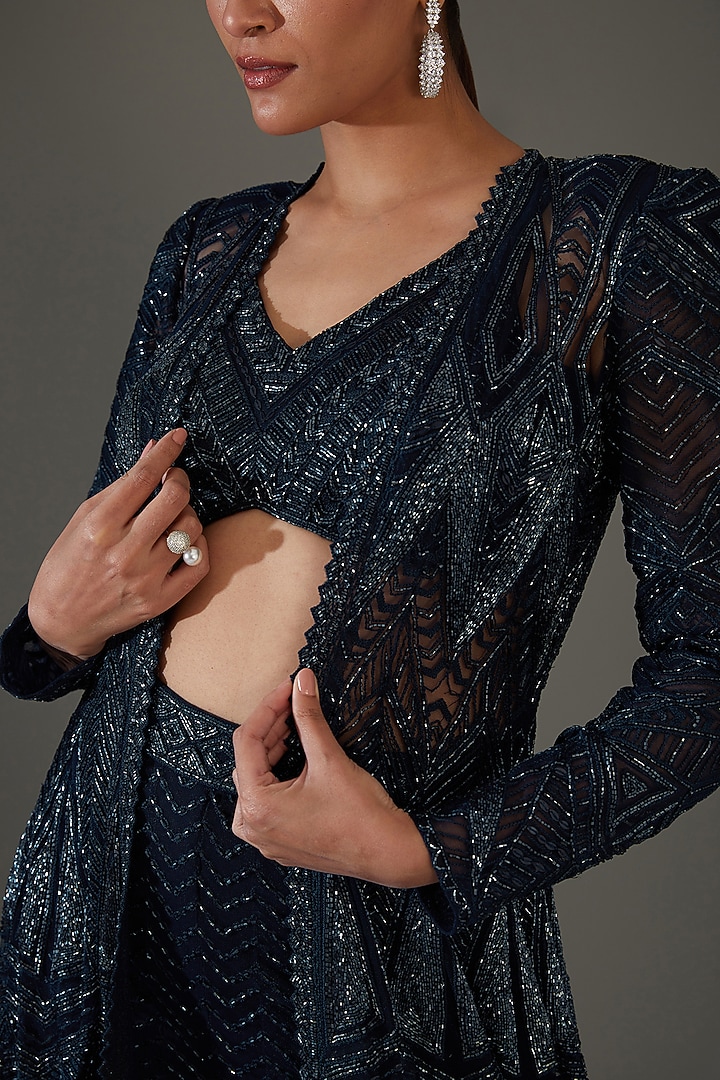 Dark Blue Double Georgette Embroidered Cape Set by Ritika Mirchandani at Pernia's Pop Up Shop