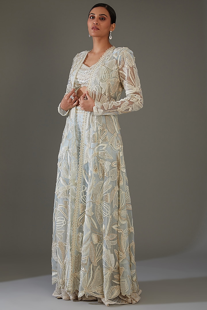 Ivory Net & Crepe Embroidered Cape Set by Ritika Mirchandani