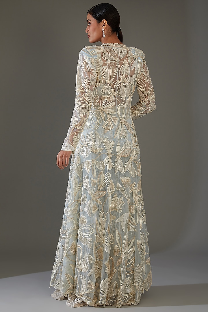 Ivory Net & Crepe Embroidered Cape Set by Ritika Mirchandani at Pernia's Pop Up Shop