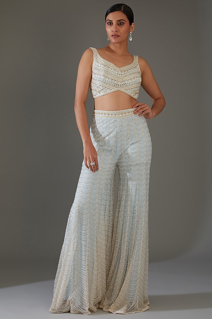 Ivory Net & Crepe Embroidered Cape Set by Ritika Mirchandani at Pernia's Pop Up Shop