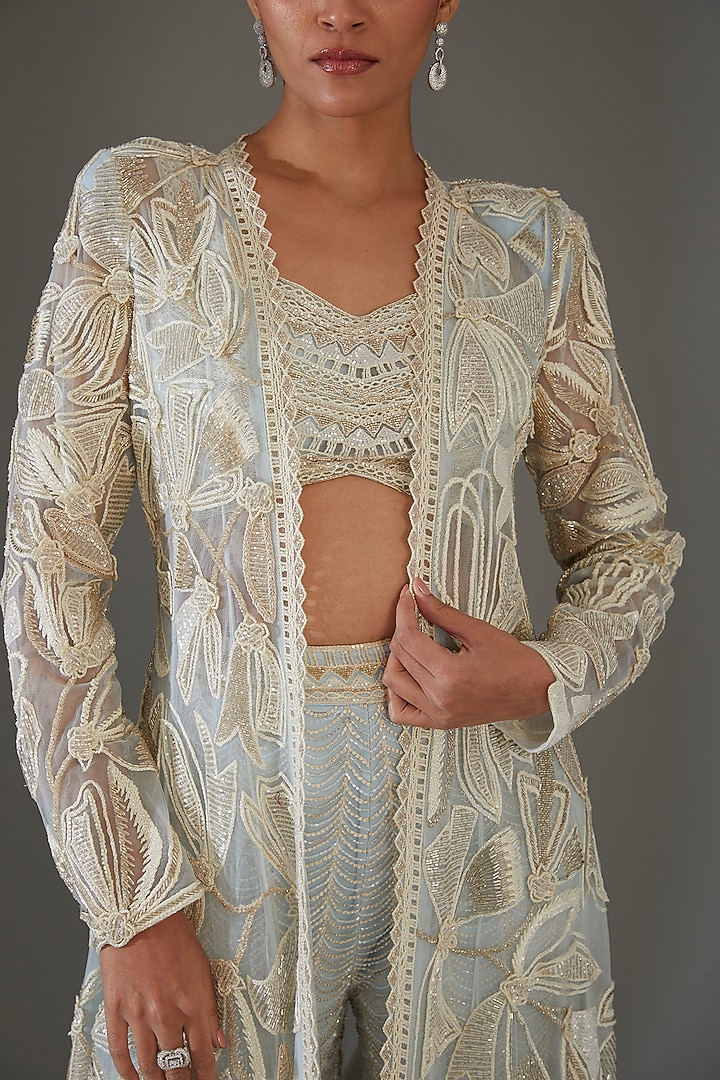Ivory Net & Crepe Embroidered Cape Set by Ritika Mirchandani at Pernia's Pop Up Shop